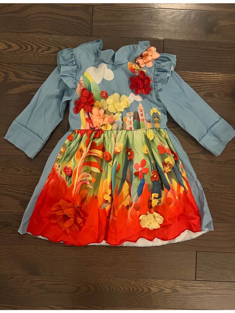 Girls Floral 3D Applique Rainbow Dress - Blue and Red